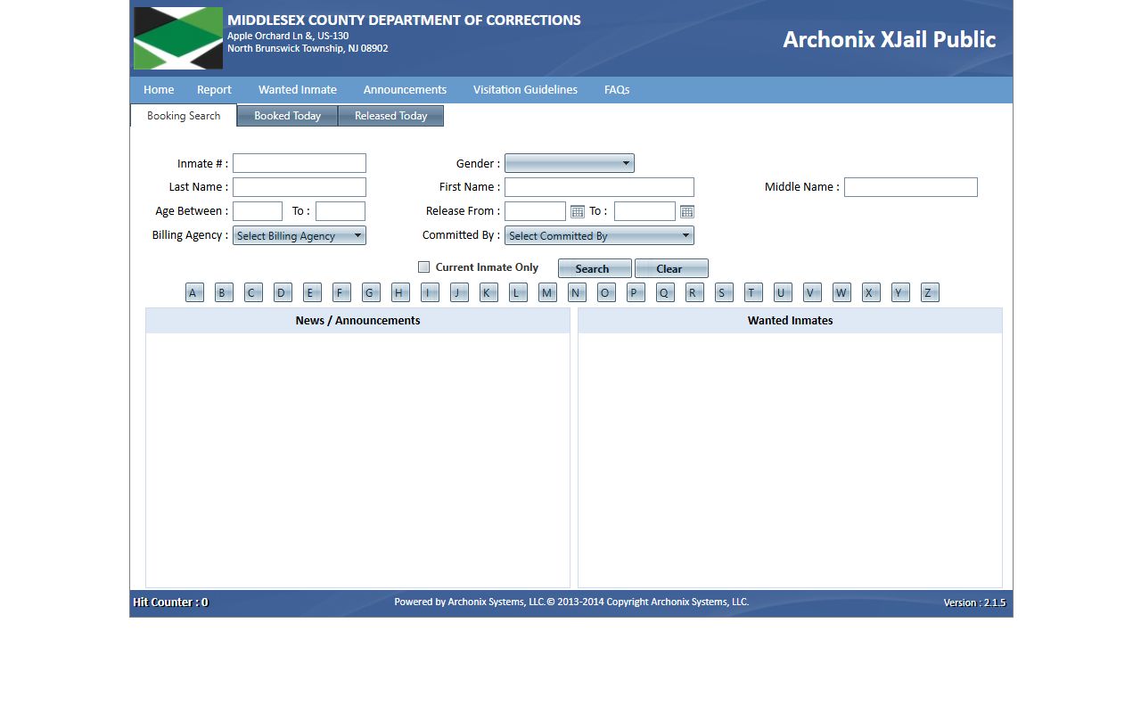 Middlesex County inmate population Archonix booking search fields